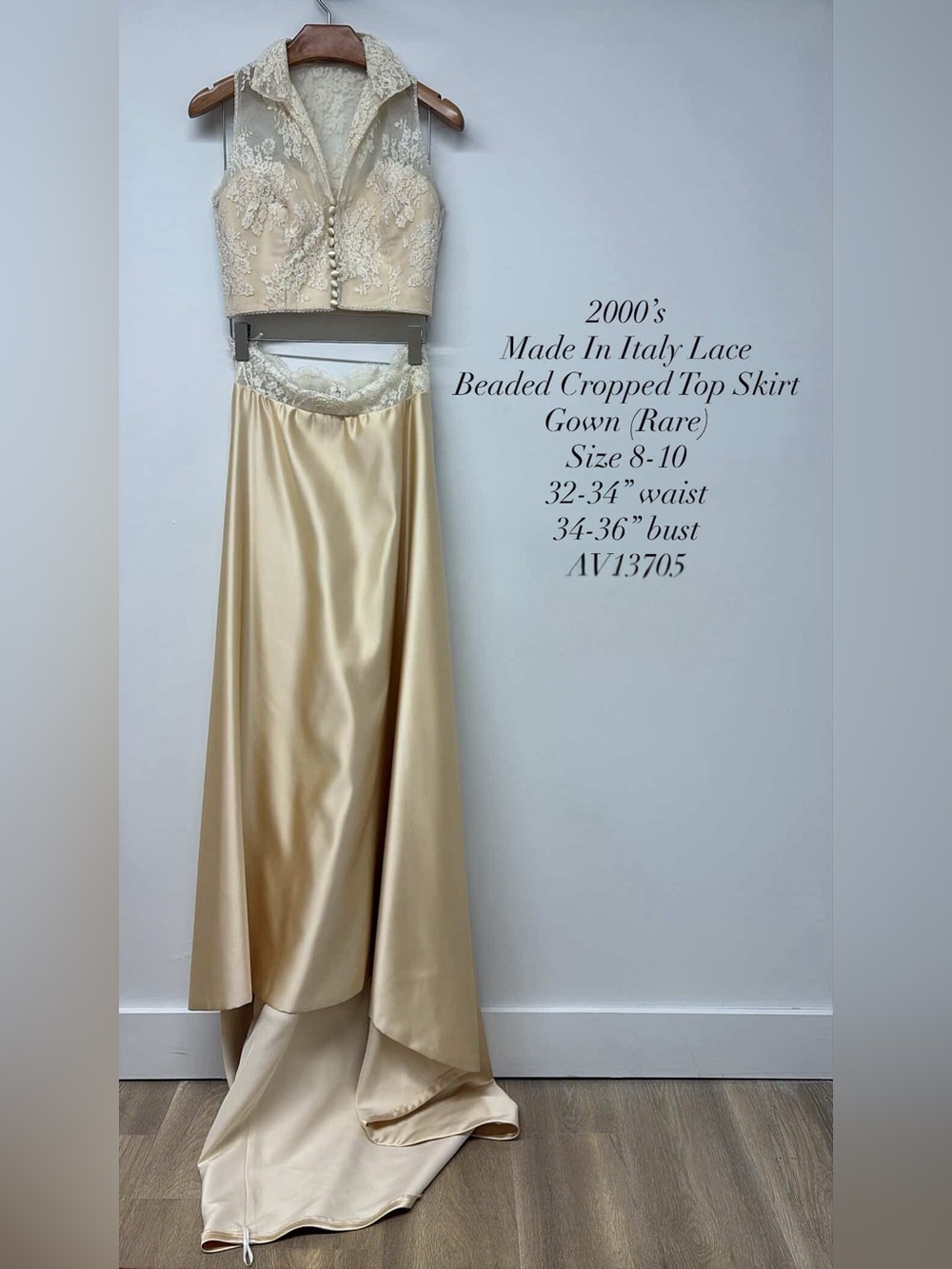 Lace Beaded Cropped Top with Satin Skirt - Champagne - Vintage Wedding Dress Set